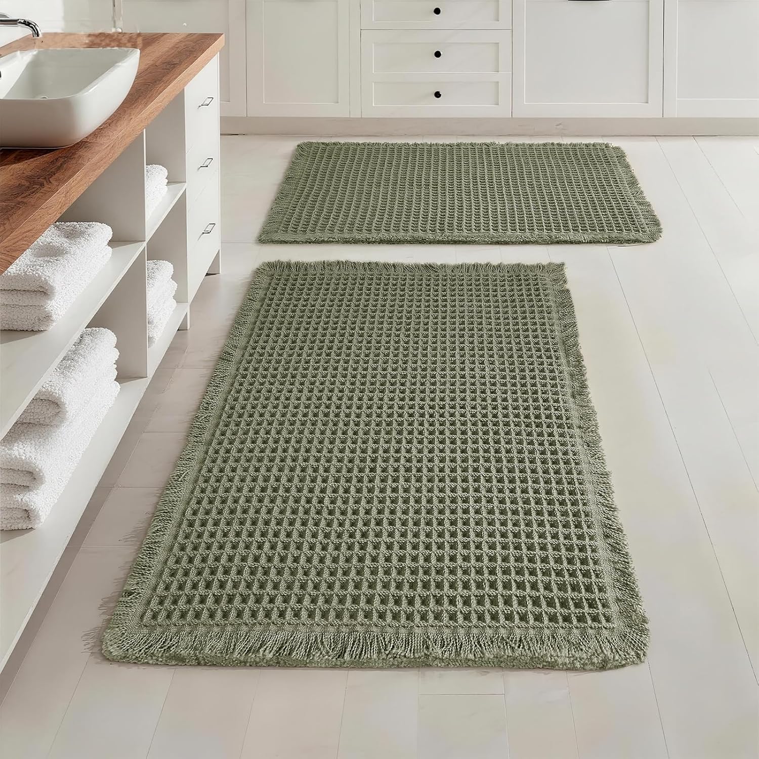 Set of 2 Waffle Bathroom Rugs, Super Absorbent Boho Bath Mats, Non-Slip Shower Mats for Bathroom Floor and Tub, Ultra Soft Waffle Weave Runner Mat, Quick Dry, Olive Green, 17x24+18x30 Inch - Image 1