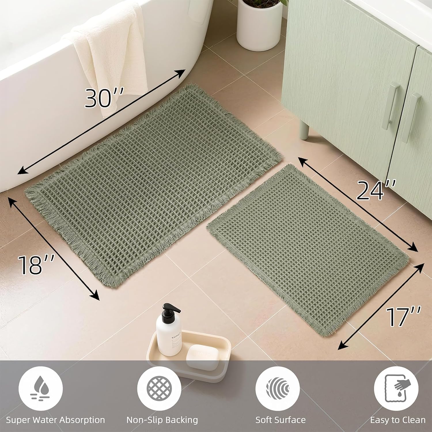 Set of 2 Waffle Bathroom Rugs, Super Absorbent Boho Bath Mats, Non-Slip Shower Mats for Bathroom Floor and Tub, Ultra Soft Waffle Weave Runner Mat, Quick Dry, Olive Green, 17x24+18x30 Inch - Image 2
