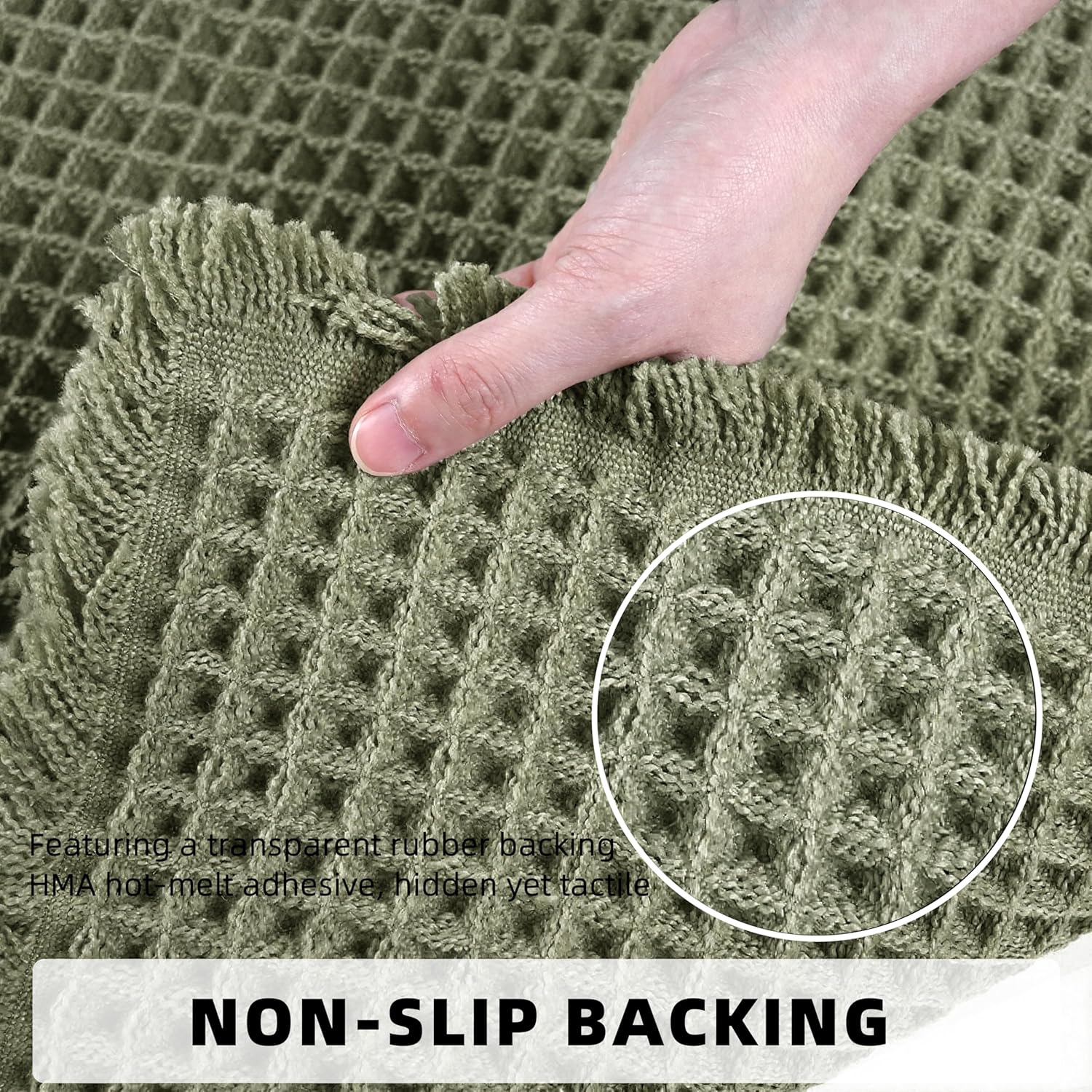 Set of 2 Waffle Bathroom Rugs, Super Absorbent Boho Bath Mats, Non-Slip Shower Mats for Bathroom Floor and Tub, Ultra Soft Waffle Weave Runner Mat, Quick Dry, Olive Green, 17x24+18x30 Inch - Image 4
