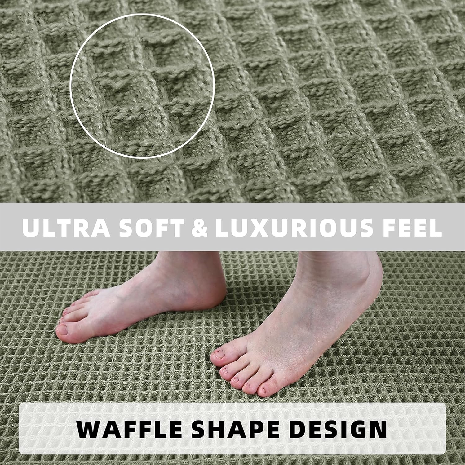 Set of 2 Waffle Bathroom Rugs, Super Absorbent Boho Bath Mats, Non-Slip Shower Mats for Bathroom Floor and Tub, Ultra Soft Waffle Weave Runner Mat, Quick Dry, Olive Green, 17x24+18x30 Inch - Image 5