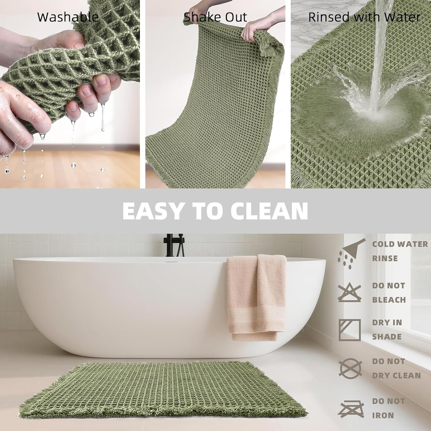 Set of 2 Waffle Bathroom Rugs, Super Absorbent Boho Bath Mats, Non-Slip Shower Mats for Bathroom Floor and Tub, Ultra Soft Waffle Weave Runner Mat, Quick Dry, Olive Green, 17x24+18x30 Inch - Image 6