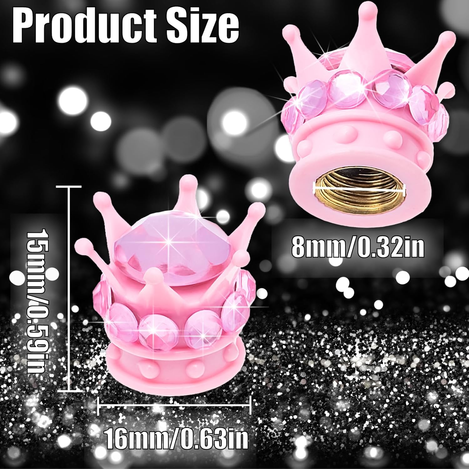 4PCS Crown Bling Tire Stem Valve Caps, Crystal Diamond Car Wheel Tire Valve Caps Universal Copper Core Stem Covers for Cars, SUV, Trucks, Bikes, Motorcycles, Bicycles (Pink) - Image 2