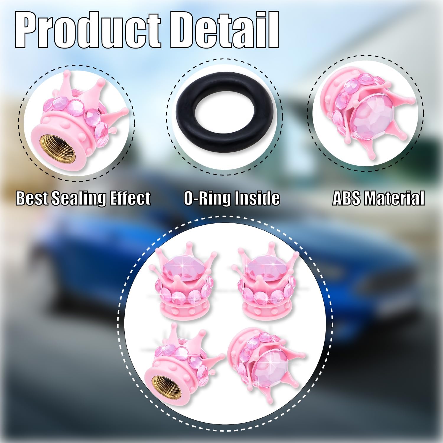 4PCS Crown Bling Tire Stem Valve Caps, Crystal Diamond Car Wheel Tire Valve Caps Universal Copper Core Stem Covers for Cars, SUV, Trucks, Bikes, Motorcycles, Bicycles (Pink) - Image 3