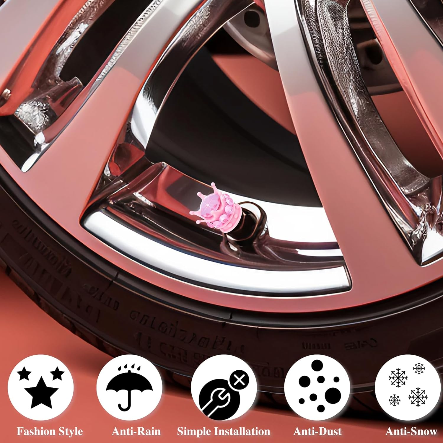 4PCS Crown Bling Tire Stem Valve Caps, Crystal Diamond Car Wheel Tire Valve Caps Universal Copper Core Stem Covers for Cars, SUV, Trucks, Bikes, Motorcycles, Bicycles (Pink) - Image 6