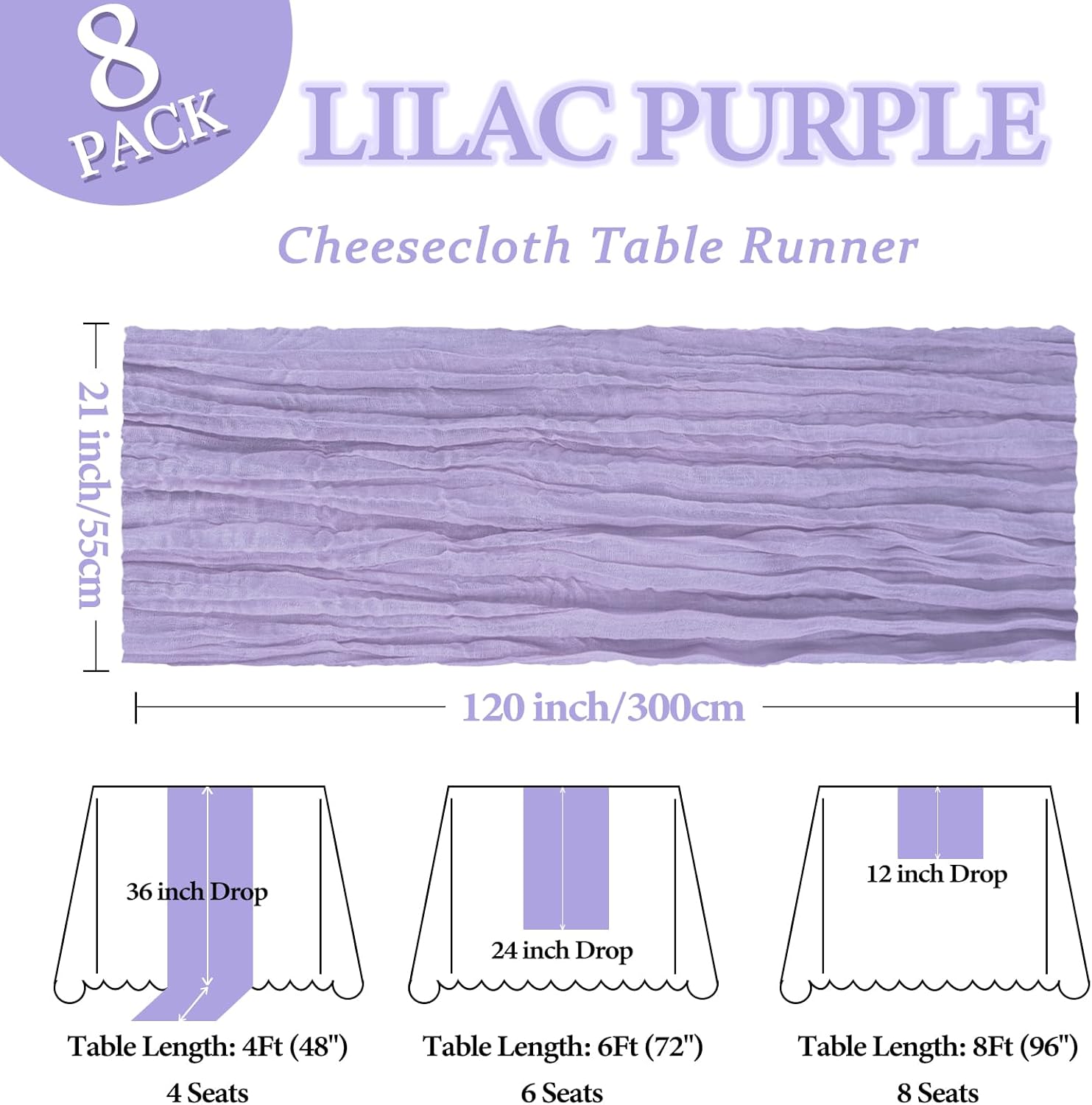 8 Pack Lilac Purple Cheesecloth Table Runner 10Ft Easter Spring Lavender Gauze Cheese Cloth Table Runner 120 Inch Boho Sheer Rustic Fabric for Holiday Decor Bridal Baby Shower Wedding Decoration - Image 2