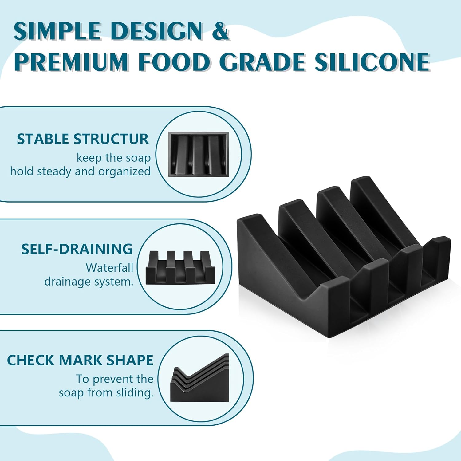 Self Draining Soap Dish Holder,Silicone Soap Dish,for Bathroom,Kitchen, Sponges，Can Extend Soap Life，Keep Soap Bars Dry and Easy Cleaning (Black,1-Pack) - Image 3