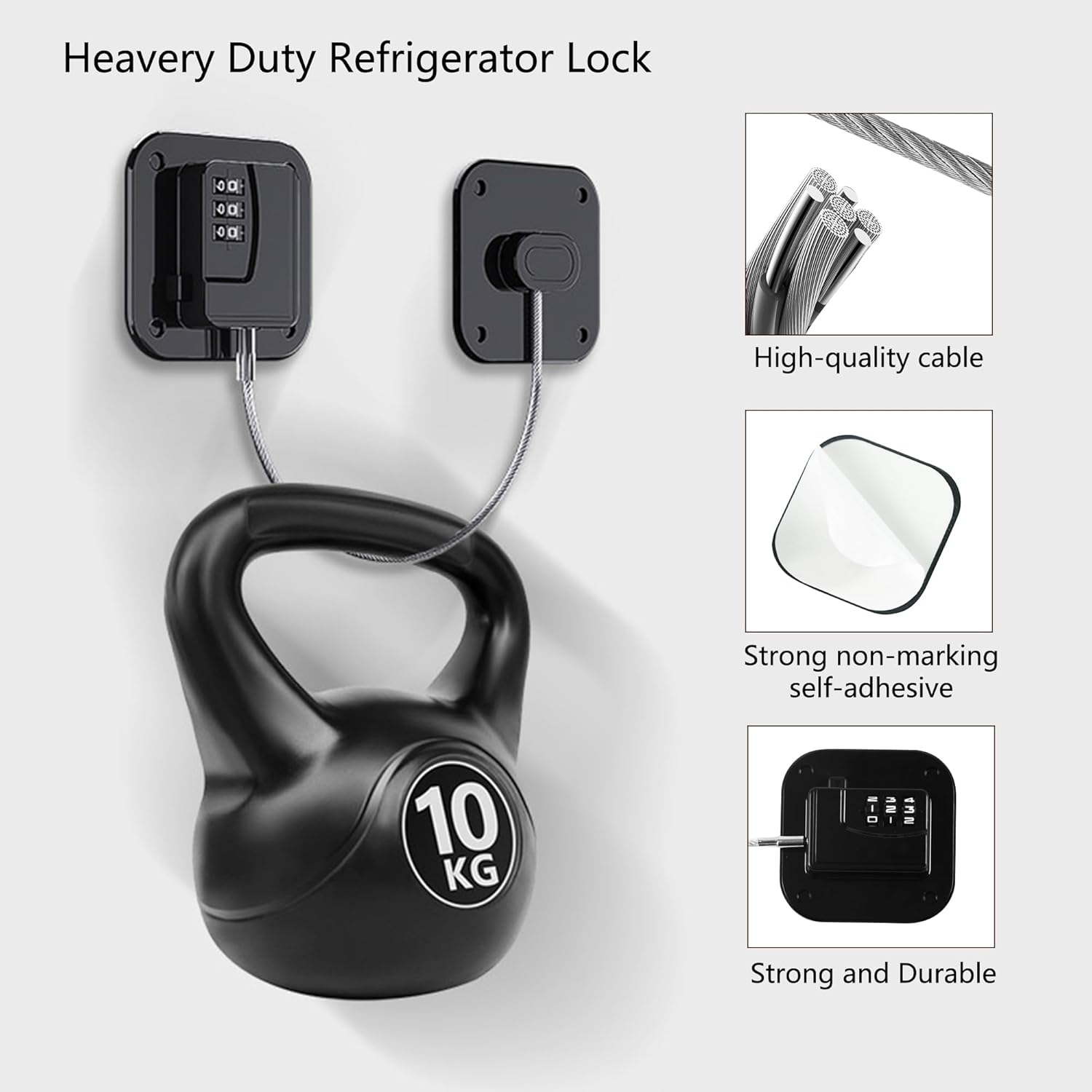 Refrigerator Lock, Heavy Duty Fridge Lock, Combination Lock for Refrigerator Cabinets, Drawers, Safety, Easy Install No Keys Needed (Black-2Pack) - Image 3
