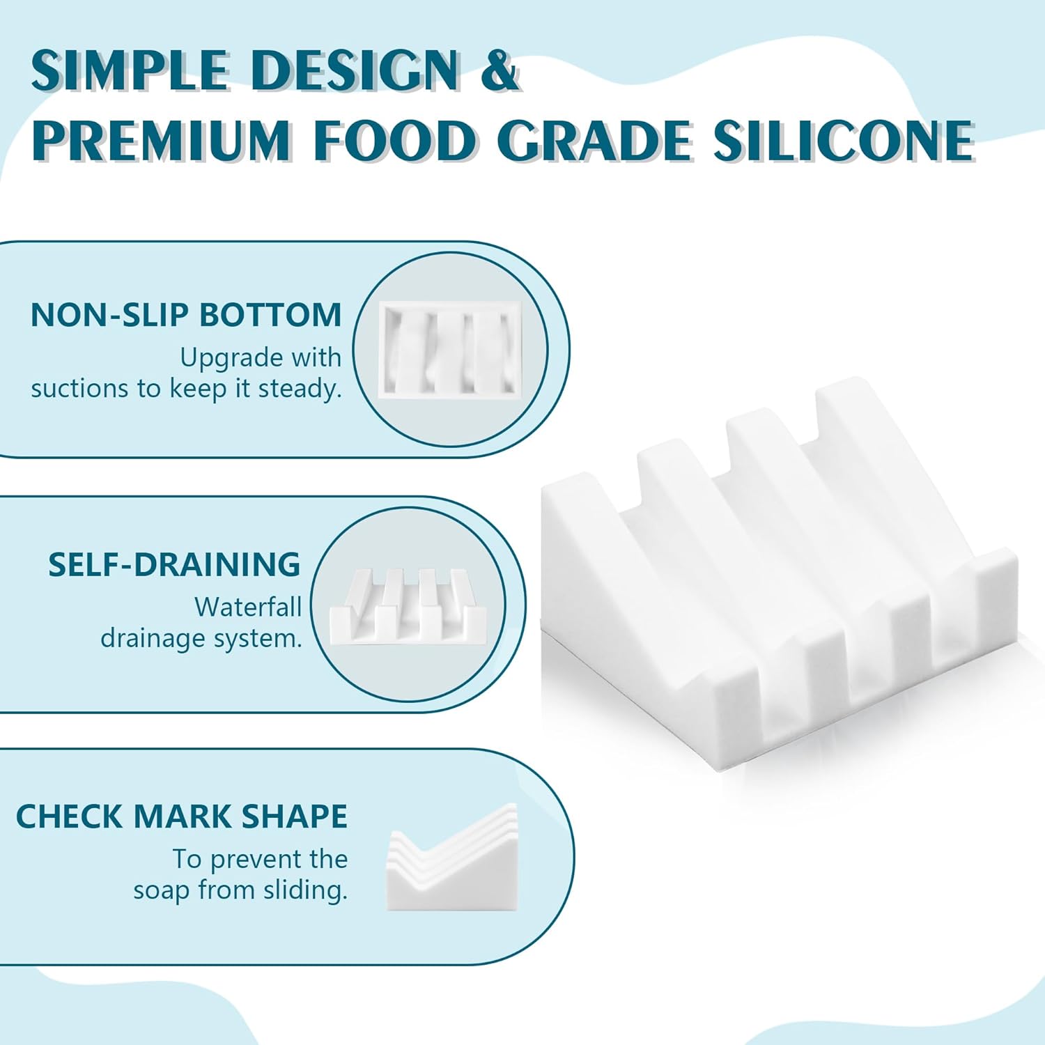 Self Draining Soap Dish Holder,Silicone Soap Dish,for Bathroom,Kitchen, Sponges，Can Extend Soap Life，Keep Soap Bars Dry and Easy Cleaning (White,1-Pack) - Image 3