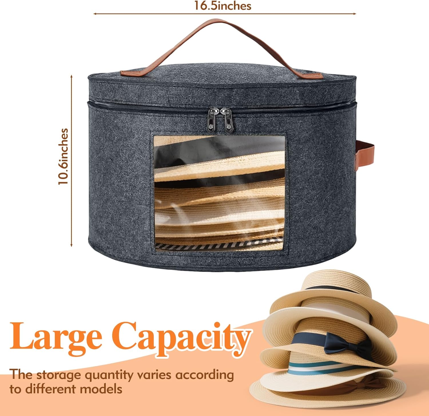 Round Hat Box, Stackable Felt Hat Boxes for Women Storage, Foldable Premium Hat Travel Case with Dustproof Lid, Space Saving Hat Organizer (Grey) - Image 2