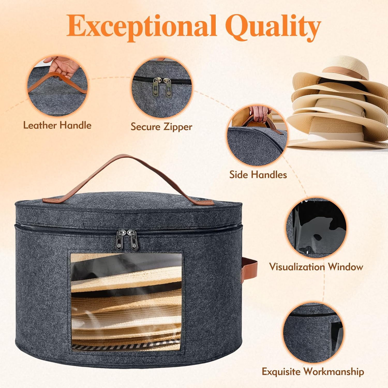 Round Hat Box, Stackable Felt Hat Boxes for Women Storage, Foldable Premium Hat Travel Case with Dustproof Lid, Space Saving Hat Organizer (Grey) - Image 3