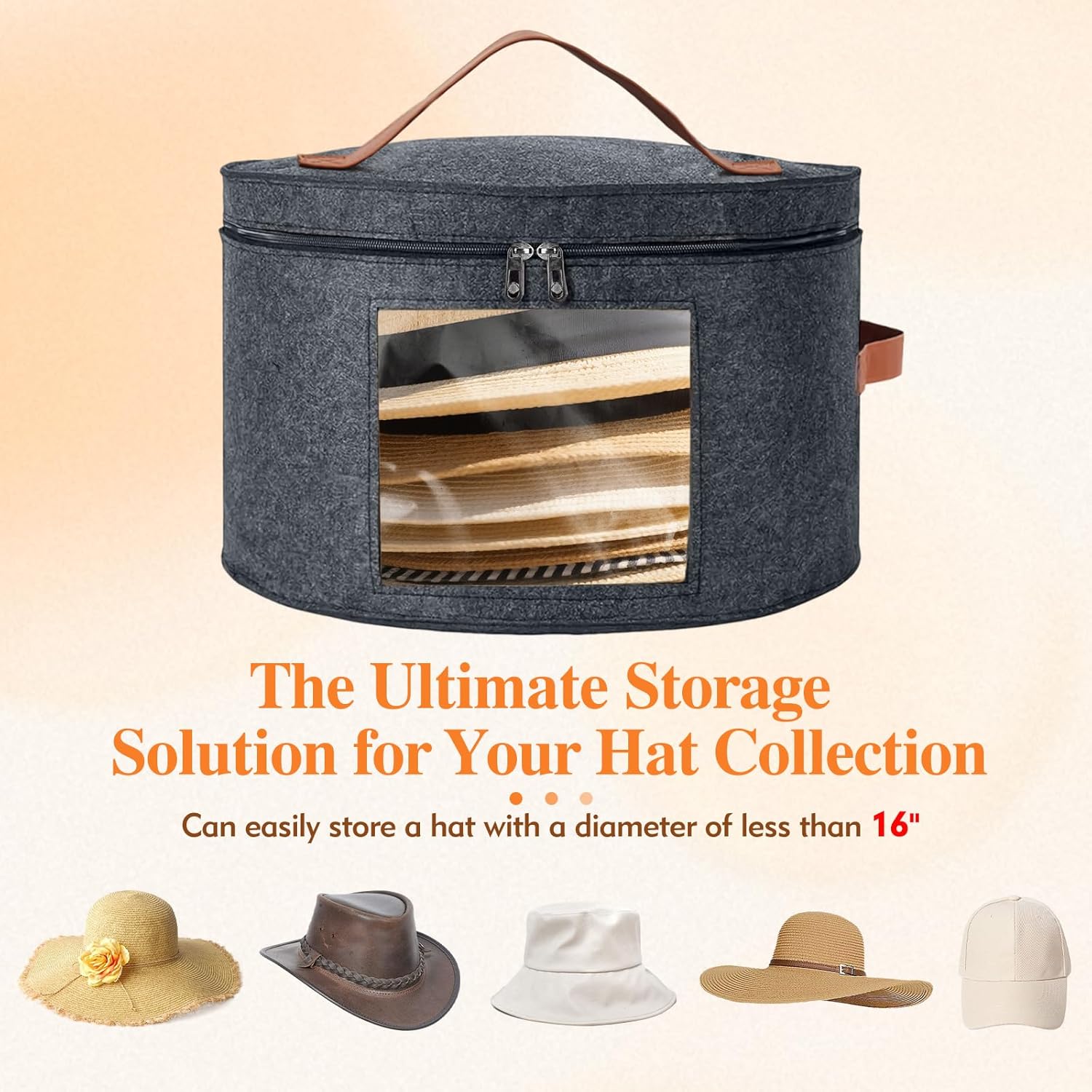 Round Hat Box, Stackable Felt Hat Boxes for Women Storage, Foldable Premium Hat Travel Case with Dustproof Lid, Space Saving Hat Organizer (Grey) - Image 4