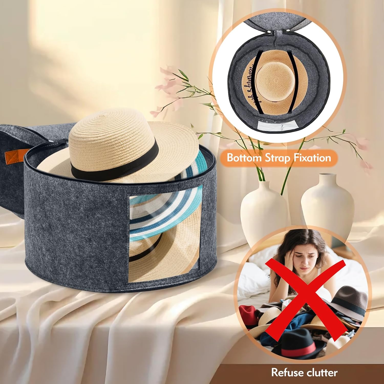 Round Hat Box, Stackable Felt Hat Boxes for Women Storage, Foldable Premium Hat Travel Case with Dustproof Lid, Space Saving Hat Organizer (Grey) - Image 5
