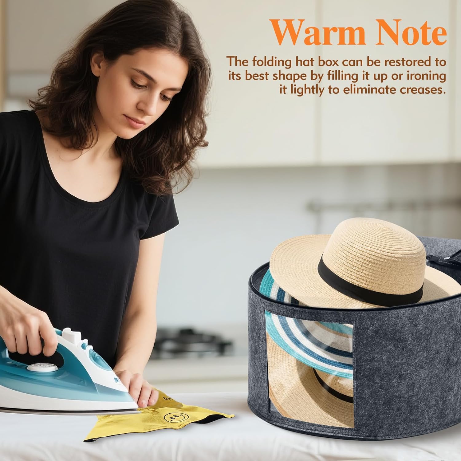 Round Hat Box, Stackable Felt Hat Boxes for Women Storage, Foldable Premium Hat Travel Case with Dustproof Lid, Space Saving Hat Organizer (Grey) - Image 6