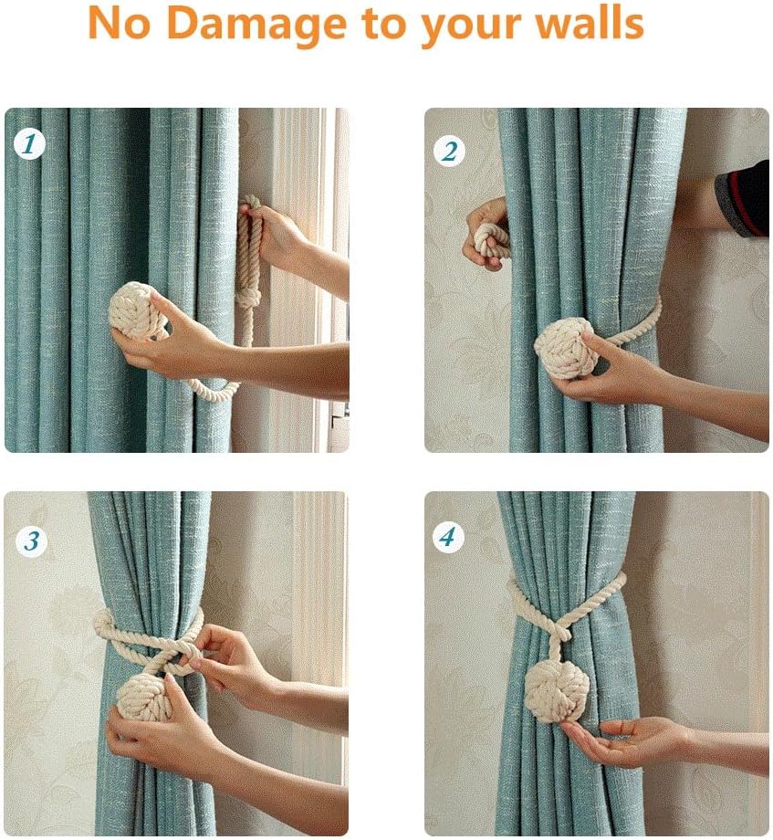 4 Pack Curtain Tiebacks - Heavy Duty Curtain Rope Tieback, Handmade Rural Decorative Curtain Holdbacks (Beige) - Image 4