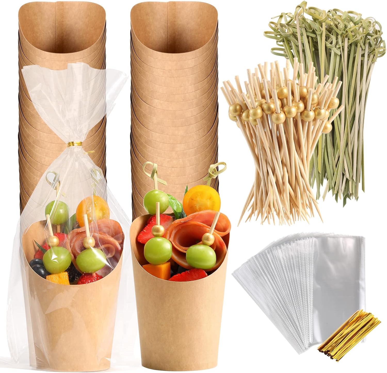 Disposable Charcuterie Cups 60 PCS with 200PCS Sticks and 60PCS Bags, 14 oz Kraft Paper Snack Boxes Appetizers Cup French Fry Holder with Cocktail Skewers Toothpicks Tooth Picks, Brown - Image 1