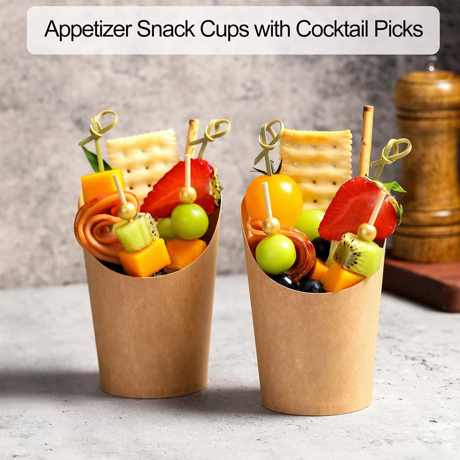 Disposable Charcuterie Cups 60 PCS with 200PCS Sticks and 60PCS Bags, 14 oz Kraft Paper Snack Boxes Appetizers Cup French Fry Holder with Cocktail Skewers Toothpicks Tooth Picks, Brown - Image 2