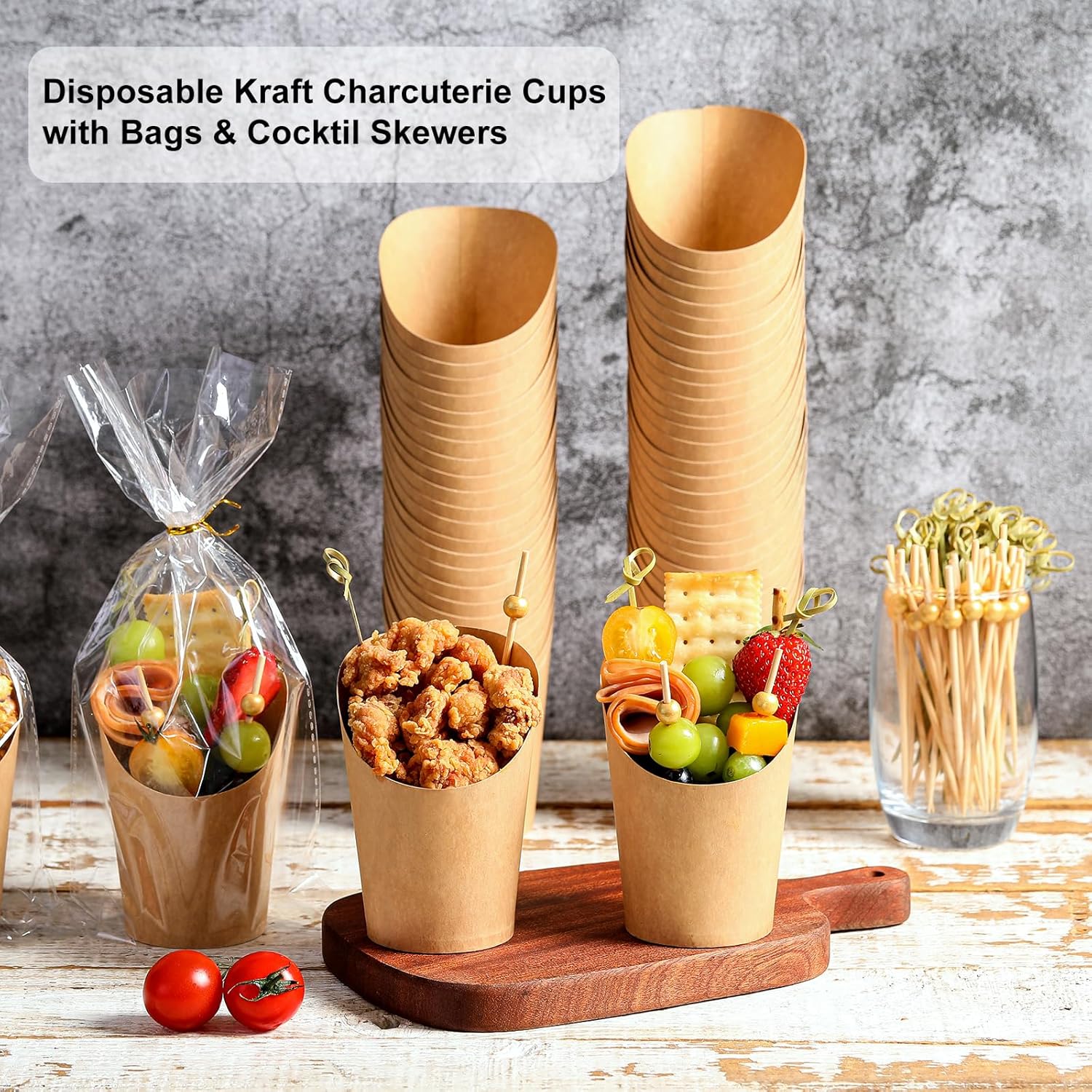 Disposable Charcuterie Cups 60 PCS with 200PCS Sticks and 60PCS Bags, 14 oz Kraft Paper Snack Boxes Appetizers Cup French Fry Holder with Cocktail Skewers Toothpicks Tooth Picks, Brown - Image 3