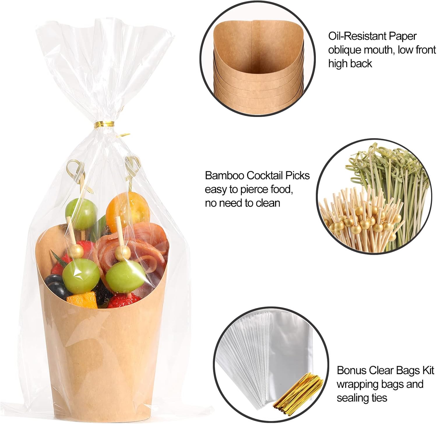 Disposable Charcuterie Cups 60 PCS with 200PCS Sticks and 60PCS Bags, 14 oz Kraft Paper Snack Boxes Appetizers Cup French Fry Holder with Cocktail Skewers Toothpicks Tooth Picks, Brown - Image 4