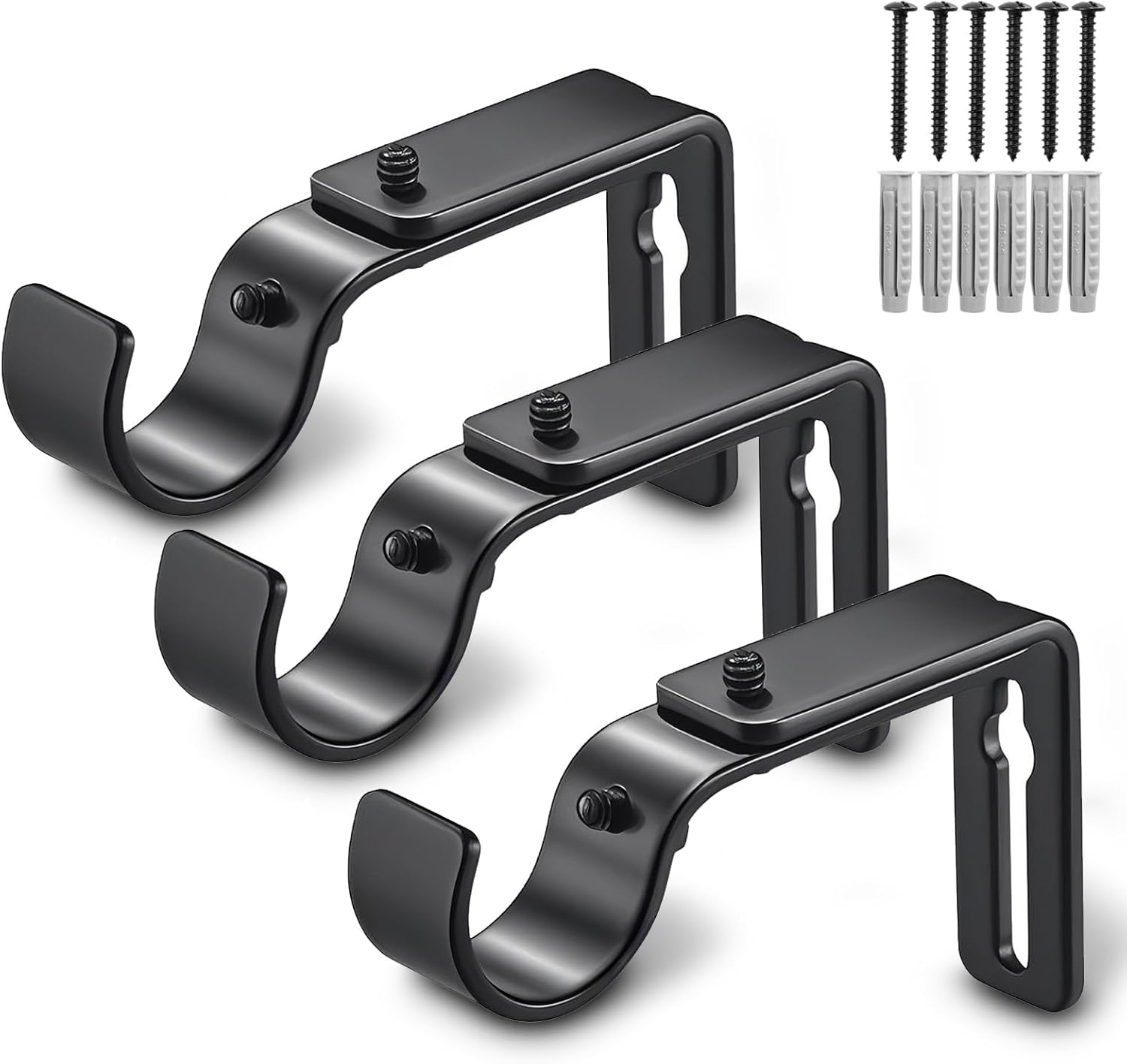 Curtain Rod Bracket Adjustable, Drapery Rod Holder Hooks Support Hangers for 1 inch Diameter Window Curtain Rods (Black, 3-Pack) - Image 1