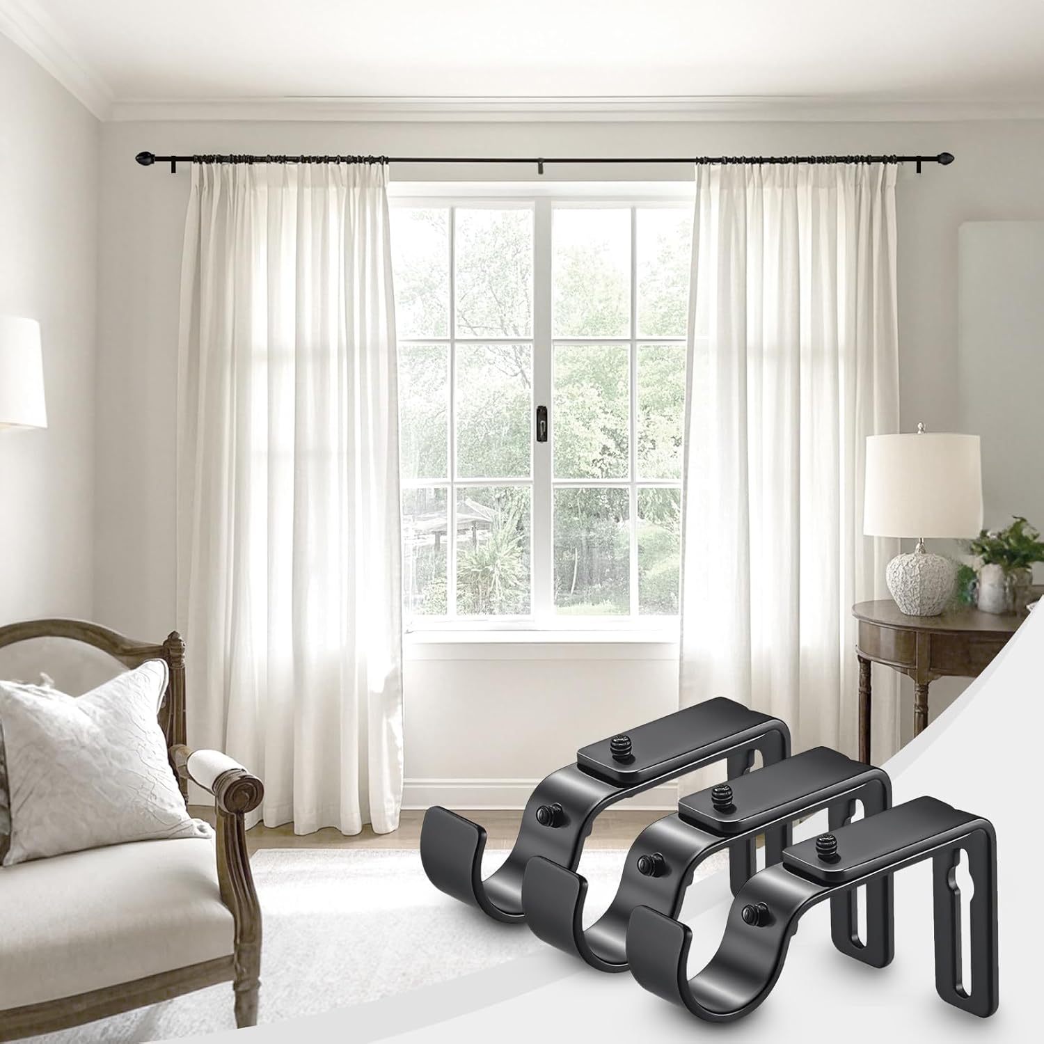 Curtain Rod Bracket Adjustable, Drapery Rod Holder Hooks Support Hangers for 1 inch Diameter Window Curtain Rods (Black, 3-Pack) - Image 5