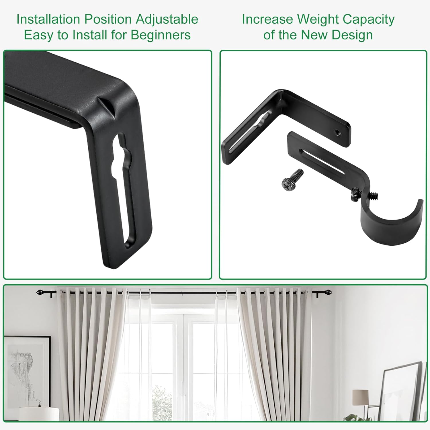 Curtain Rod Bracket Adjustable, Drapery Rod Holder Hooks Support Hangers for 1 inch Diameter Window Curtain Rods (Black, 3-Pack) - Image 7