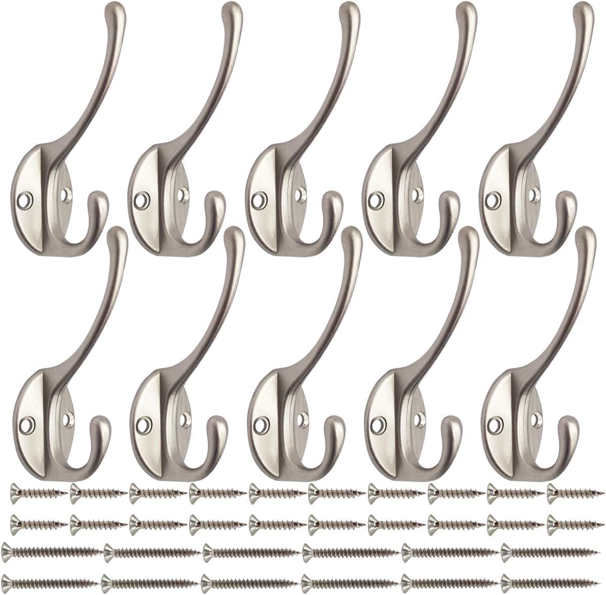 10 Pack Dual Coat Hooks Wall Mounted with 40 Screws Retro Double Hooks Utility Silvery Hooks for Coat, Scarf, Bag, Towel, Key, Cap, Cup, Hat (Silvery) - Image 1