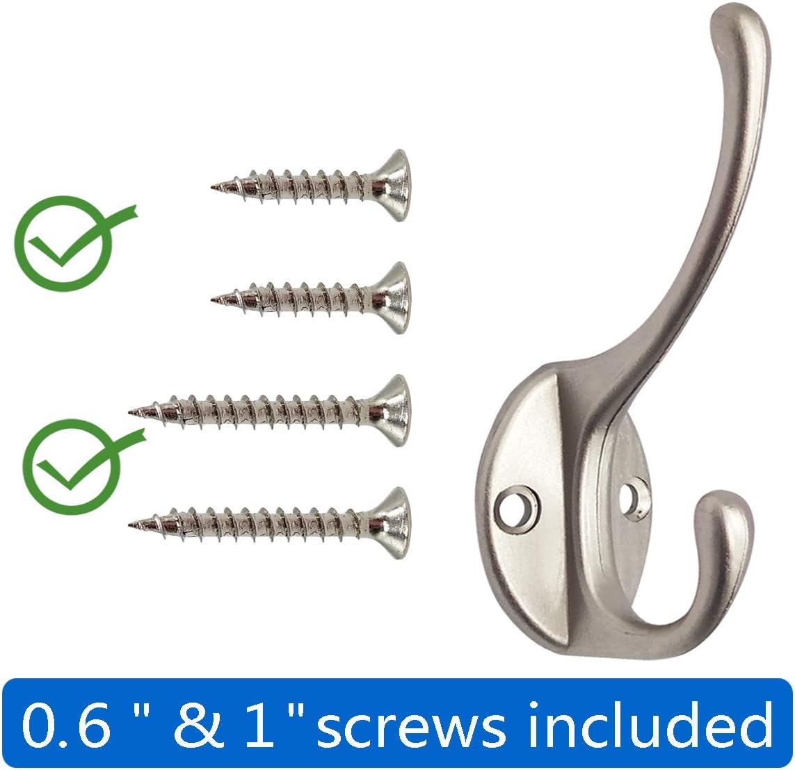10 Pack Dual Coat Hooks Wall Mounted with 40 Screws Retro Double Hooks Utility Silvery Hooks for Coat, Scarf, Bag, Towel, Key, Cap, Cup, Hat (Silvery) - Image 2