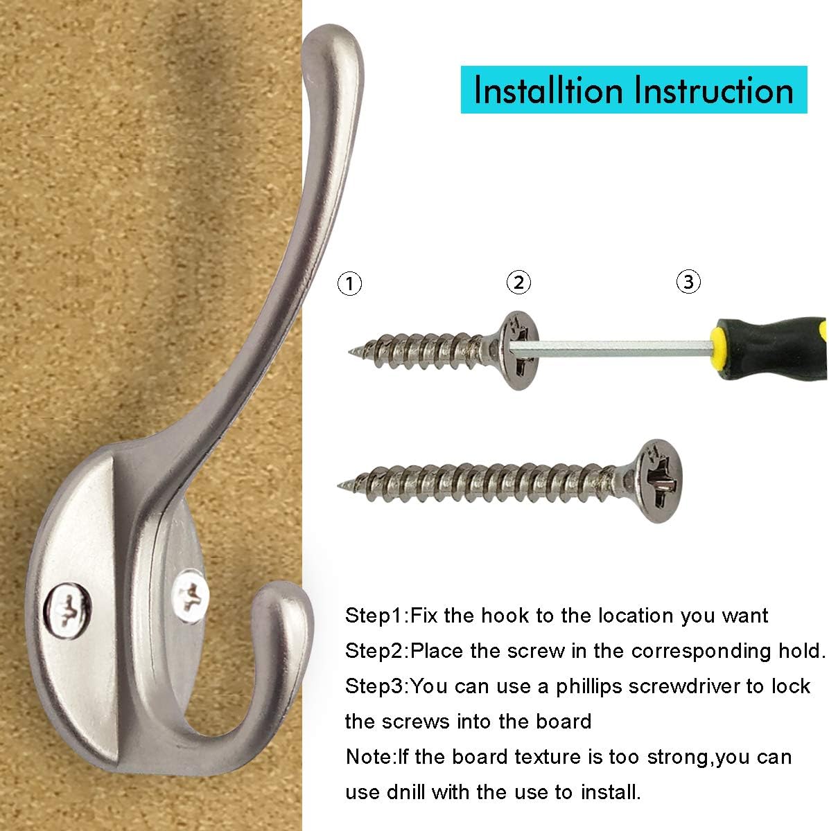 10 Pack Dual Coat Hooks Wall Mounted with 40 Screws Retro Double Hooks Utility Silvery Hooks for Coat, Scarf, Bag, Towel, Key, Cap, Cup, Hat (Silvery) - Image 4