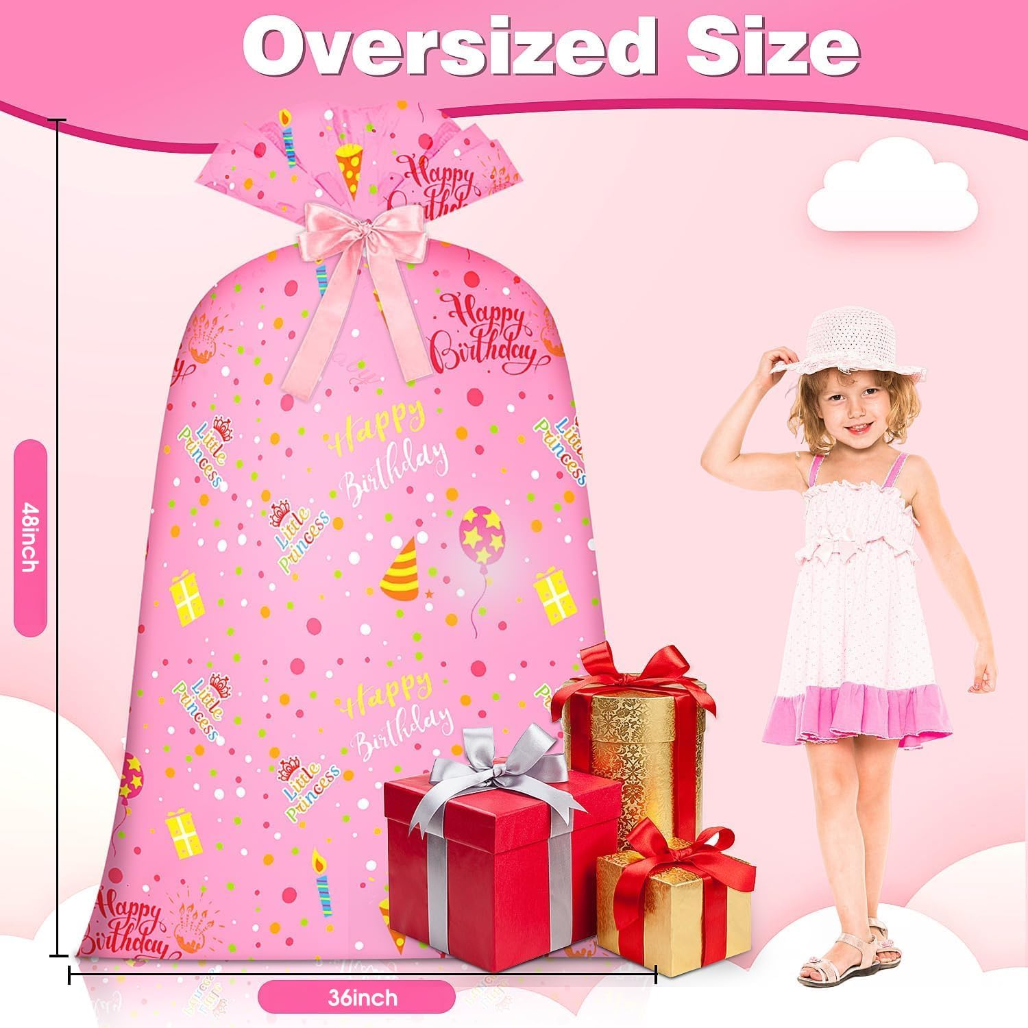 Extra Large Gift Bag Girl Birthday Jumbo Gift Bag, Bday Pink Giant Plastic Oversized Gift Bag Huge Gift Wrap Bag Birthday Bag Wrapping Bag for Large Gift(48inch 1Pack) - Image 3