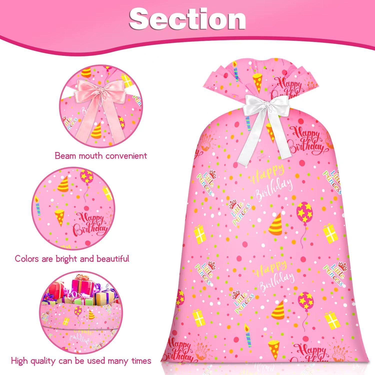 Extra Large Gift Bag Girl Birthday Jumbo Gift Bag, Bday Pink Giant Plastic Oversized Gift Bag Huge Gift Wrap Bag Birthday Bag Wrapping Bag for Large Gift(48inch 1Pack) - Image 6