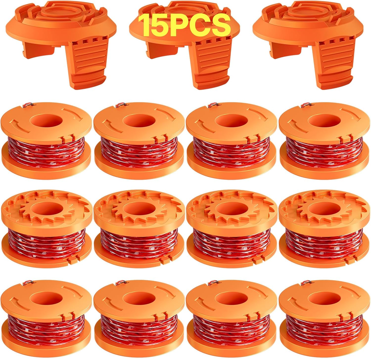 15 Pack (WA0010)Replacement Trimmer Line Spool Compatible with Worx Weed Eater, 0.065 inch Trimmer Line Refills for Worx Trimmer,Weed Wacker String Replacement Parts(12 Trimmer Spools,3 Trimmer Caps) - Image 1