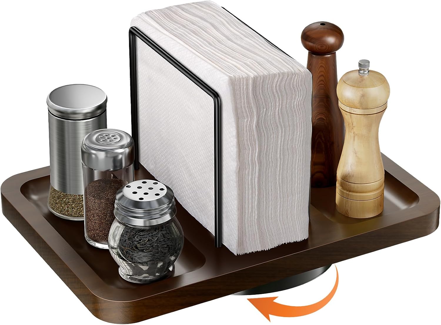 Napkin Holder for Table, Rotating Metal Napkin Dispenser with Salt and Pepper Shakers Caddy Standing Paper Towel Holder for Bathroom Kitchen Dining Table Decor Not Including Shakers - Image 1