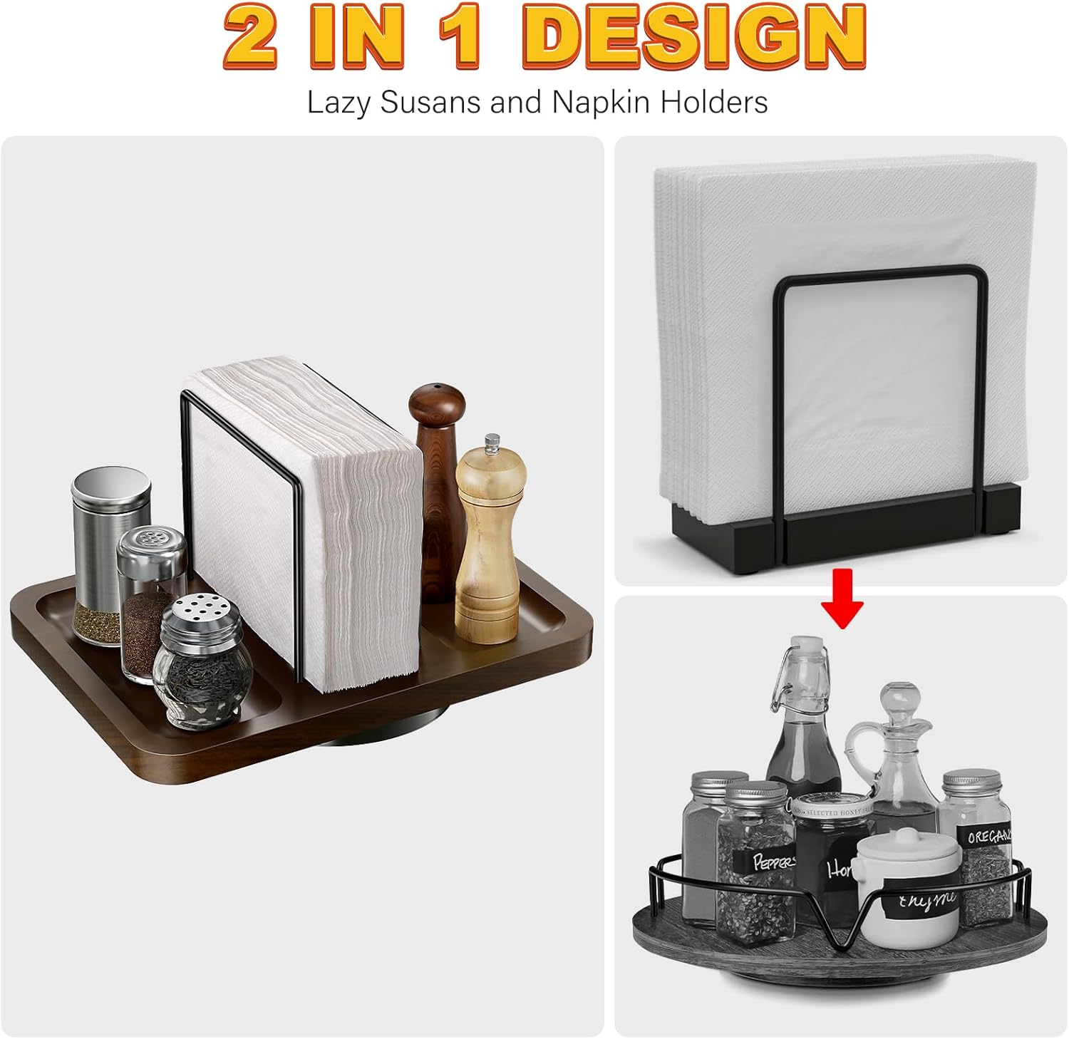 Napkin Holder for Table, Rotating Metal Napkin Dispenser with Salt and Pepper Shakers Caddy Standing Paper Towel Holder for Bathroom Kitchen Dining Table Decor Not Including Shakers - Image 3