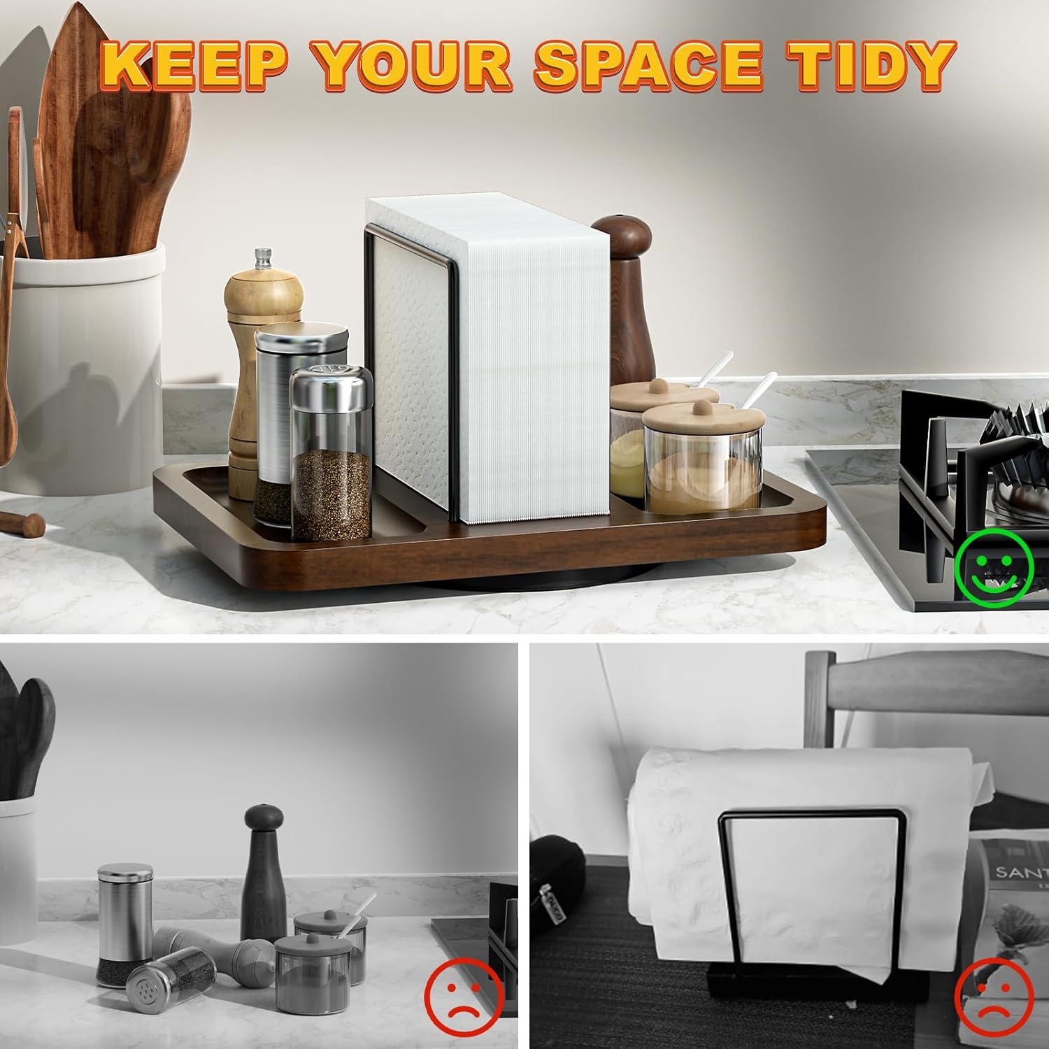Napkin Holder for Table, Rotating Metal Napkin Dispenser with Salt and Pepper Shakers Caddy Standing Paper Towel Holder for Bathroom Kitchen Dining Table Decor Not Including Shakers - Image 5