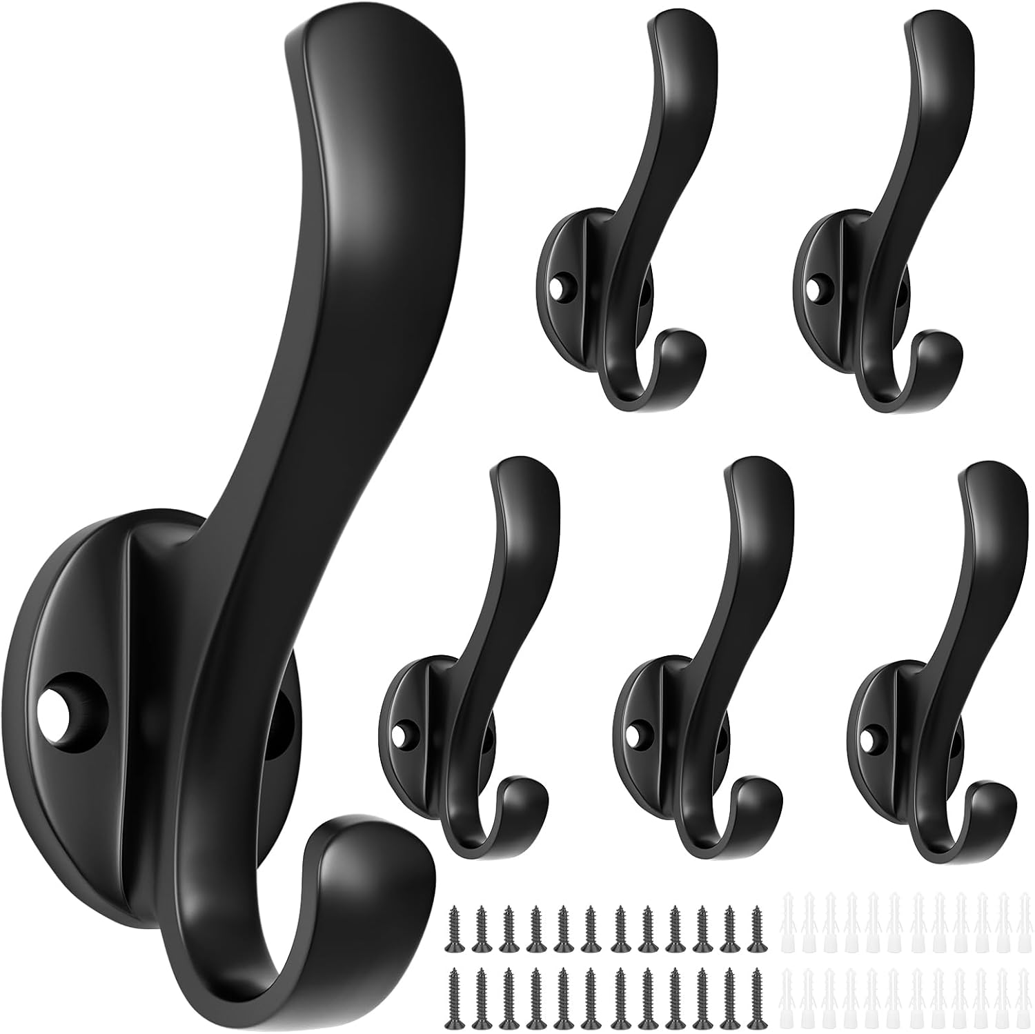 Coat Hooks Heavy Duty - Wall Mount Metal Towel Hooks Screw-in Wall Hooks for Hanging Hat, Towel, Key, Robe, Scarf, Bag, Cap (6 PCS Black) - Image 1