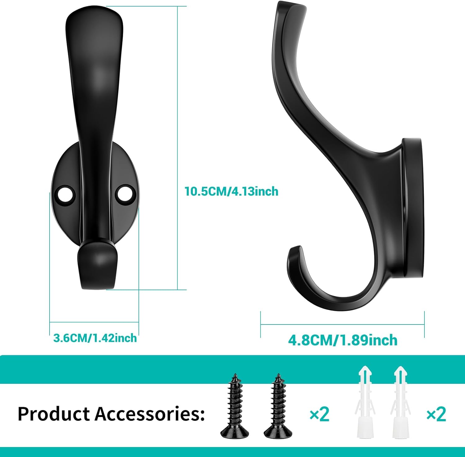 Coat Hooks Heavy Duty - Wall Mount Metal Towel Hooks Screw-in Wall Hooks for Hanging Hat, Towel, Key, Robe, Scarf, Bag, Cap (6 PCS Black) - Image 2