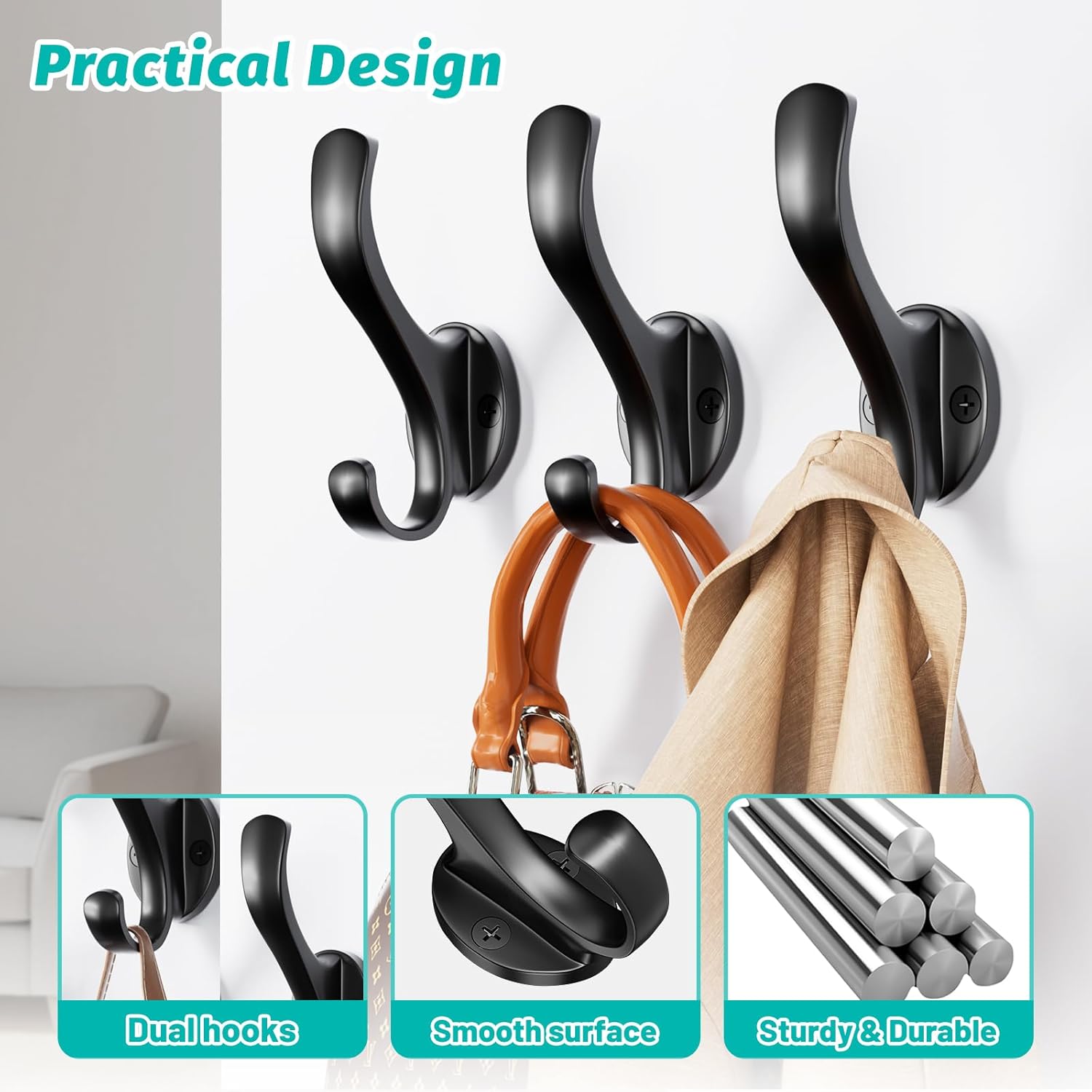 Coat Hooks Heavy Duty - Wall Mount Metal Towel Hooks Screw-in Wall Hooks for Hanging Hat, Towel, Key, Robe, Scarf, Bag, Cap (6 PCS Black) - Image 5