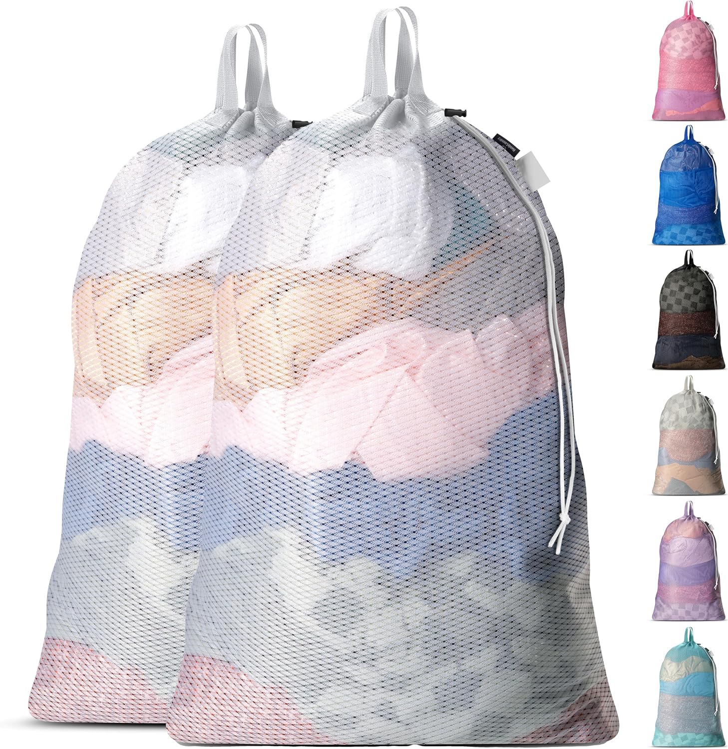 Large Mesh Laundry Bags - 2-Pack Heavy Duty with Handles & Drawstring - Machine Washable Net Laundry Sacks for College Dorm, Camp, Travel, Bedding & Clothes Storage (White) - Image 1