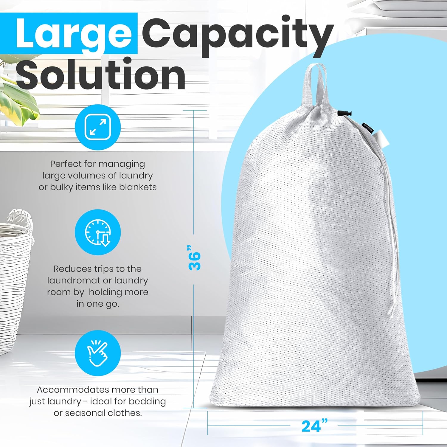 Large Mesh Laundry Bags - 2-Pack Heavy Duty with Handles & Drawstring - Machine Washable Net Laundry Sacks for College Dorm, Camp, Travel, Bedding & Clothes Storage (White) - Image 2
