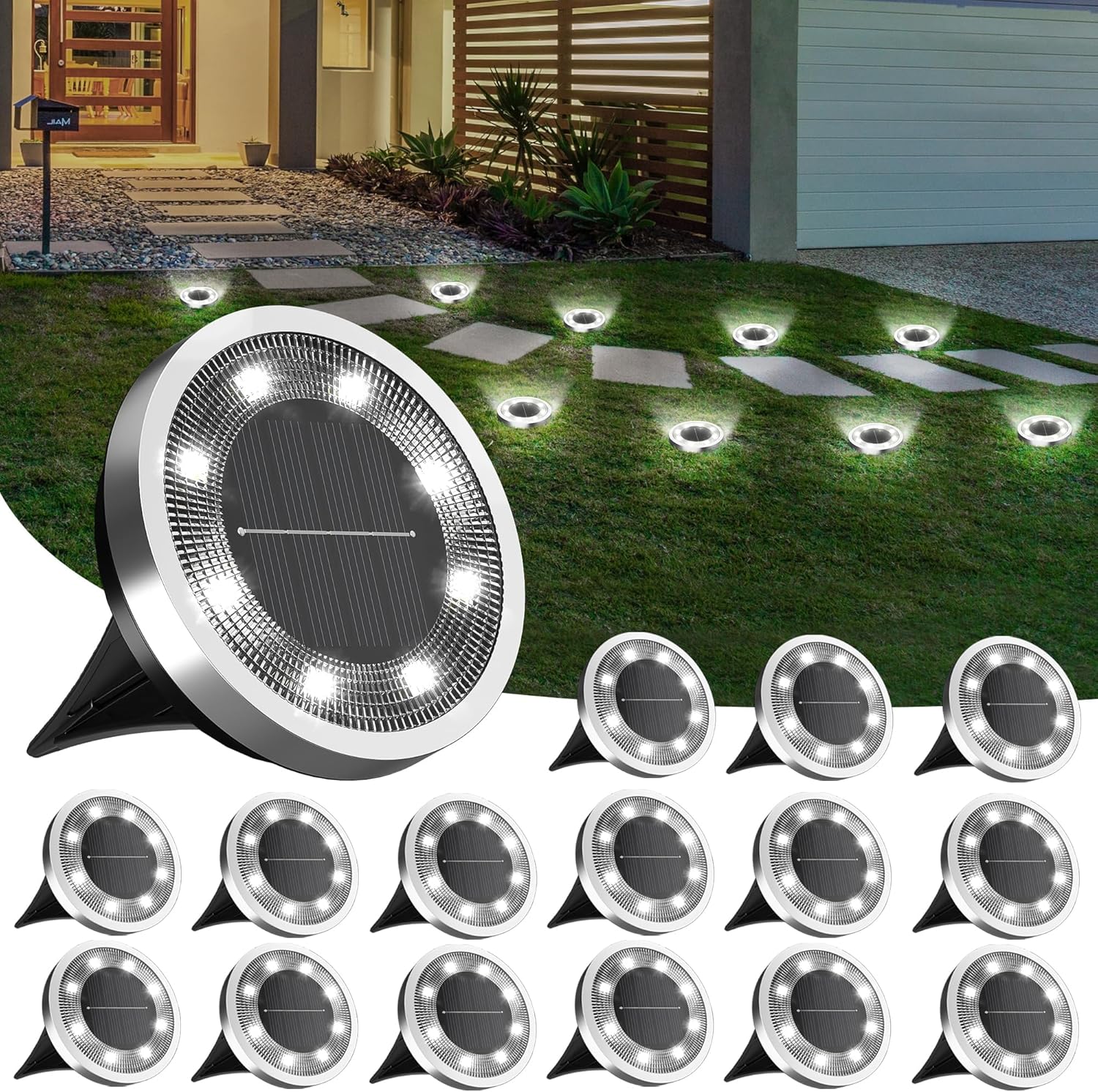 Solar Ground Lights,16 Pack Solar Lights Outdoor Waterproof, Solar Garden Lights Landscape Lighting for Patio Pathway Lawn Yard Deck Driveway Walkway, Cold White - Image 1