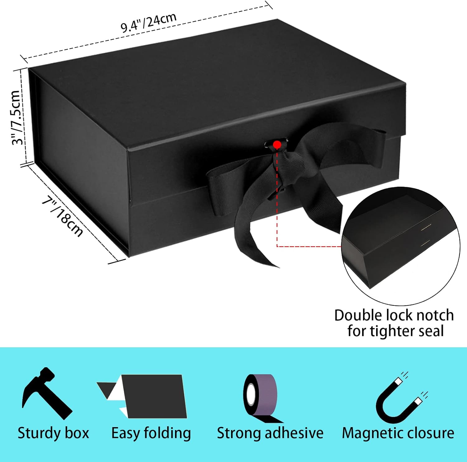 Black Luxury Magnetic Gift Box with Lid, Ribbons and Gift Bag, Medium Size-9.4x7x3 Inches, Great for Christmas, New Year, Wedding, Birthdays, Man - Image 2