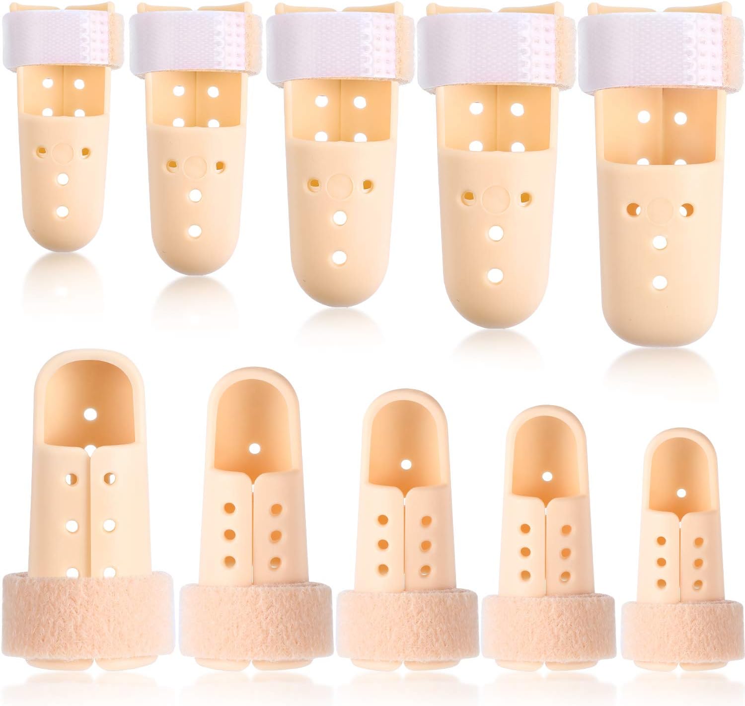 10 Pcs Mallet Finger Splint, 5 Sizes Finger Support Brace Stabilizer Straightener Plastic Fingertip Protectors Arthritis Knuckle Immobilization for Thumb Pinky Middle Index Ring(Beige) - Image 1