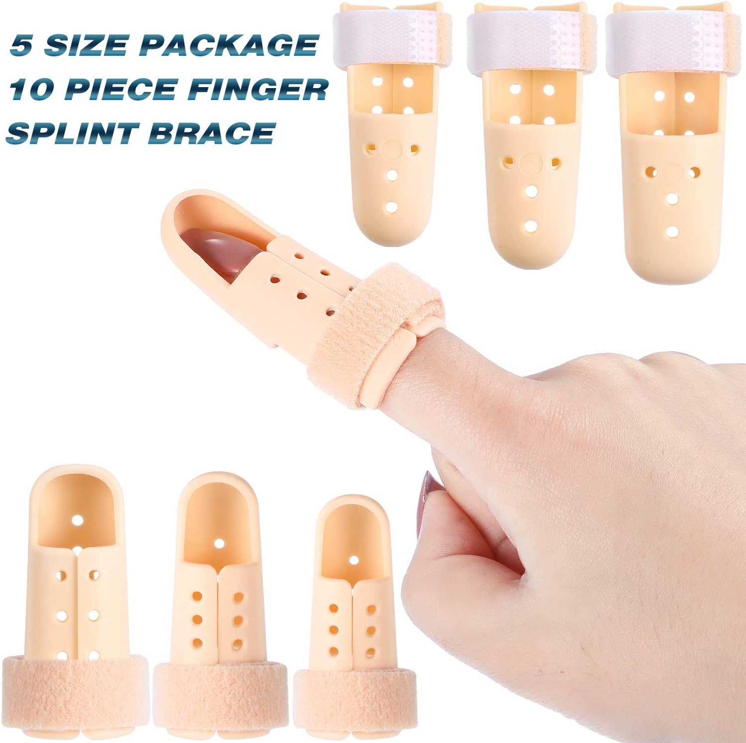 10 Pcs Mallet Finger Splint, 5 Sizes Finger Support Brace Stabilizer Straightener Plastic Fingertip Protectors Arthritis Knuckle Immobilization for Thumb Pinky Middle Index Ring(Beige) - Image 3