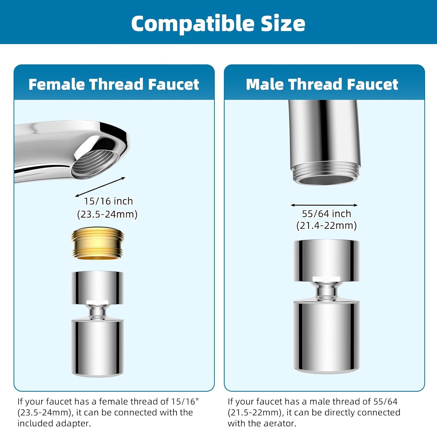 NSF/ANSI/CAN 61 Certified Faucet Aerator, CUPC Certification 360° Twist Kitchen Sink Aerator, Dual-function Sink Sprayer Attachment, Faucet Replacement Part 55/64'' Female Thread, Chrome - Image 3