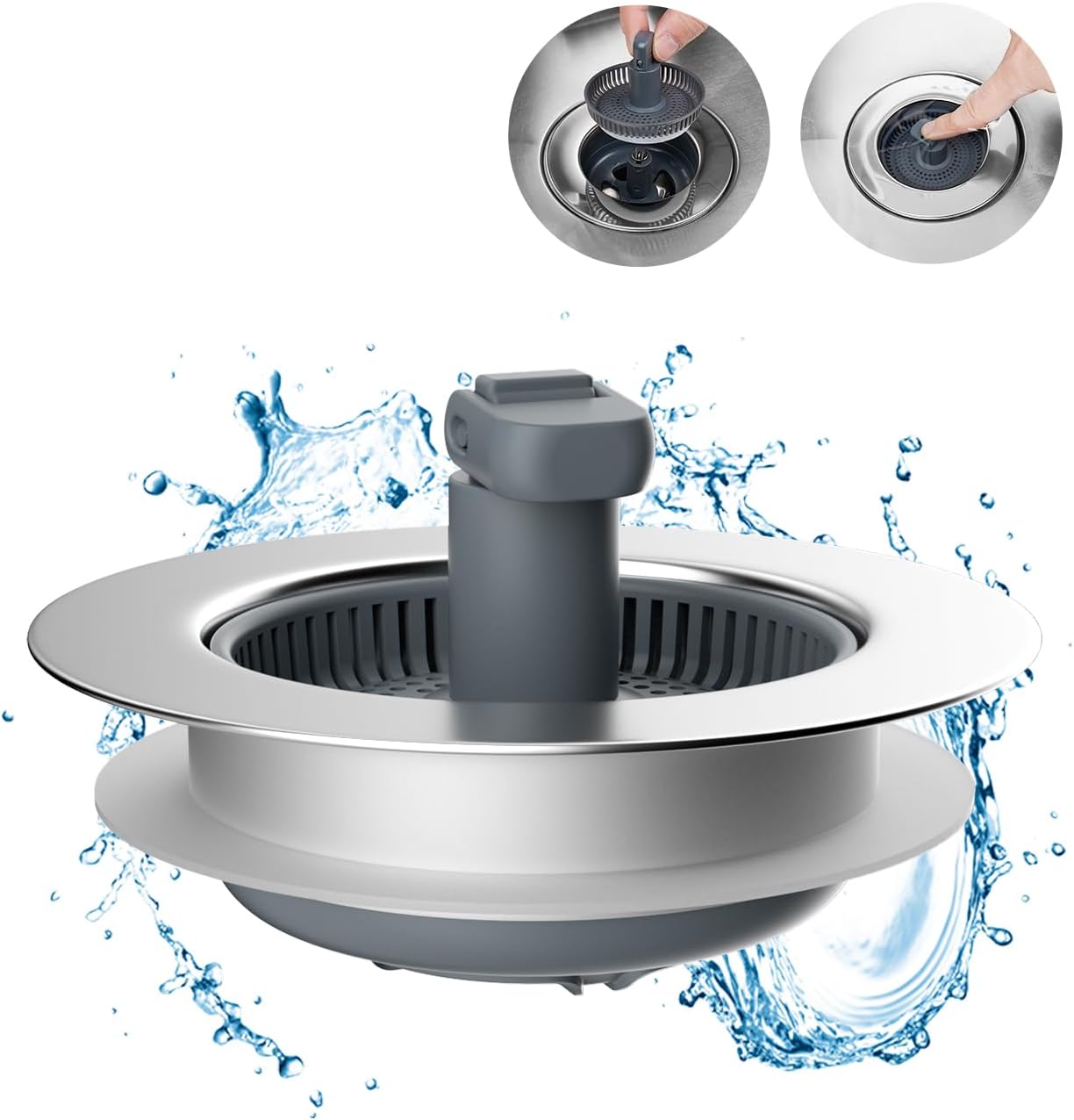3 in 1 Kitchen Sink Drain Strainer and Stopper Combo, Chrome Stainless Steel Wraped Shell, Anti-Clogging Basket Strainer with Foldable Handle for US Standard 3-1/2