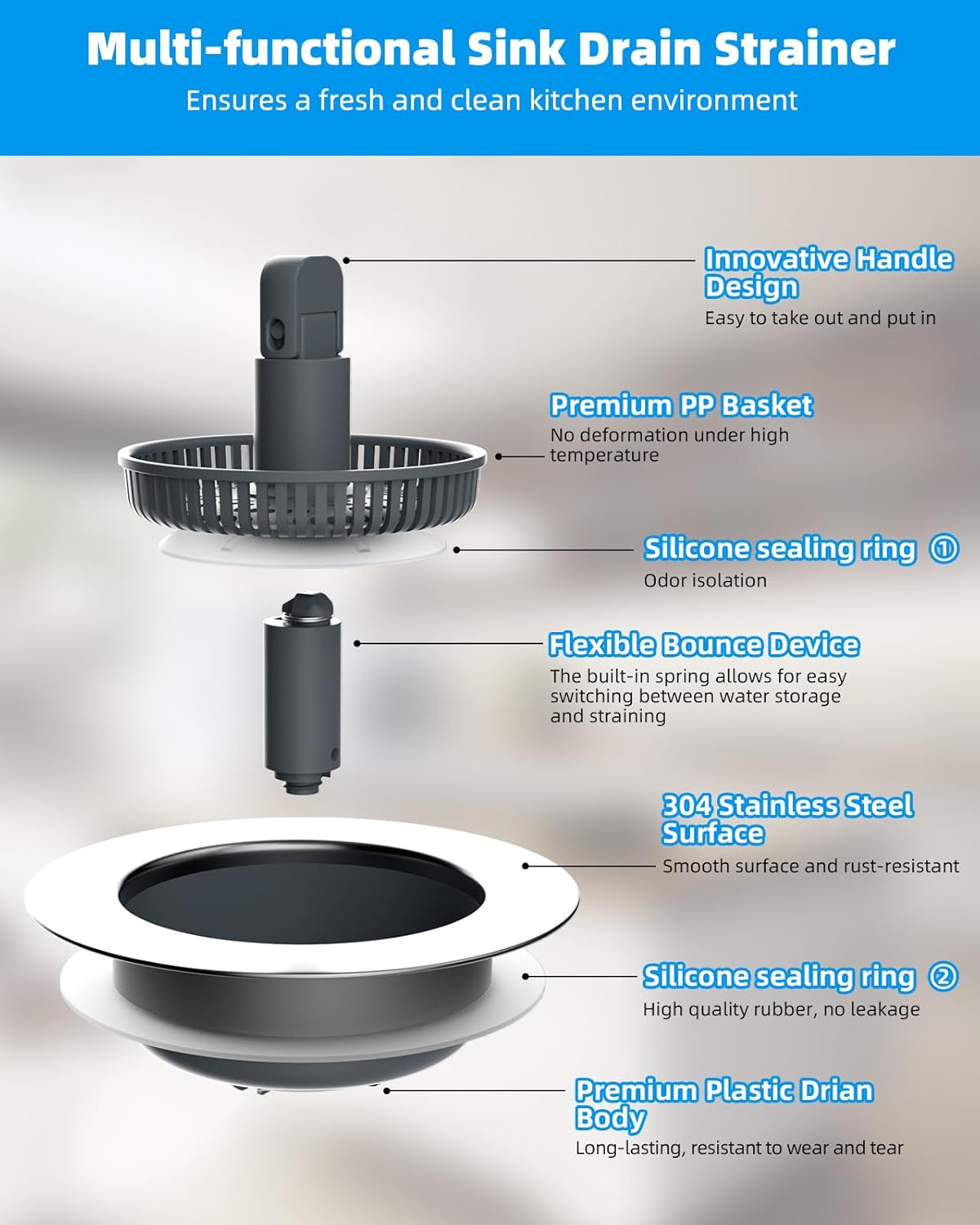 3 in 1 Kitchen Sink Drain Strainer and Stopper Combo, Chrome Stainless Steel Wraped Shell, Anti-Clogging Basket Strainer with Foldable Handle for US Standard 3-1/2