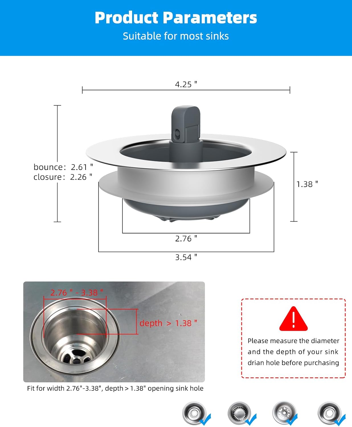 3 in 1 Kitchen Sink Drain Strainer and Stopper Combo, Chrome Stainless Steel Wraped Shell, Anti-Clogging Basket Strainer with Foldable Handle for US Standard 3-1/2