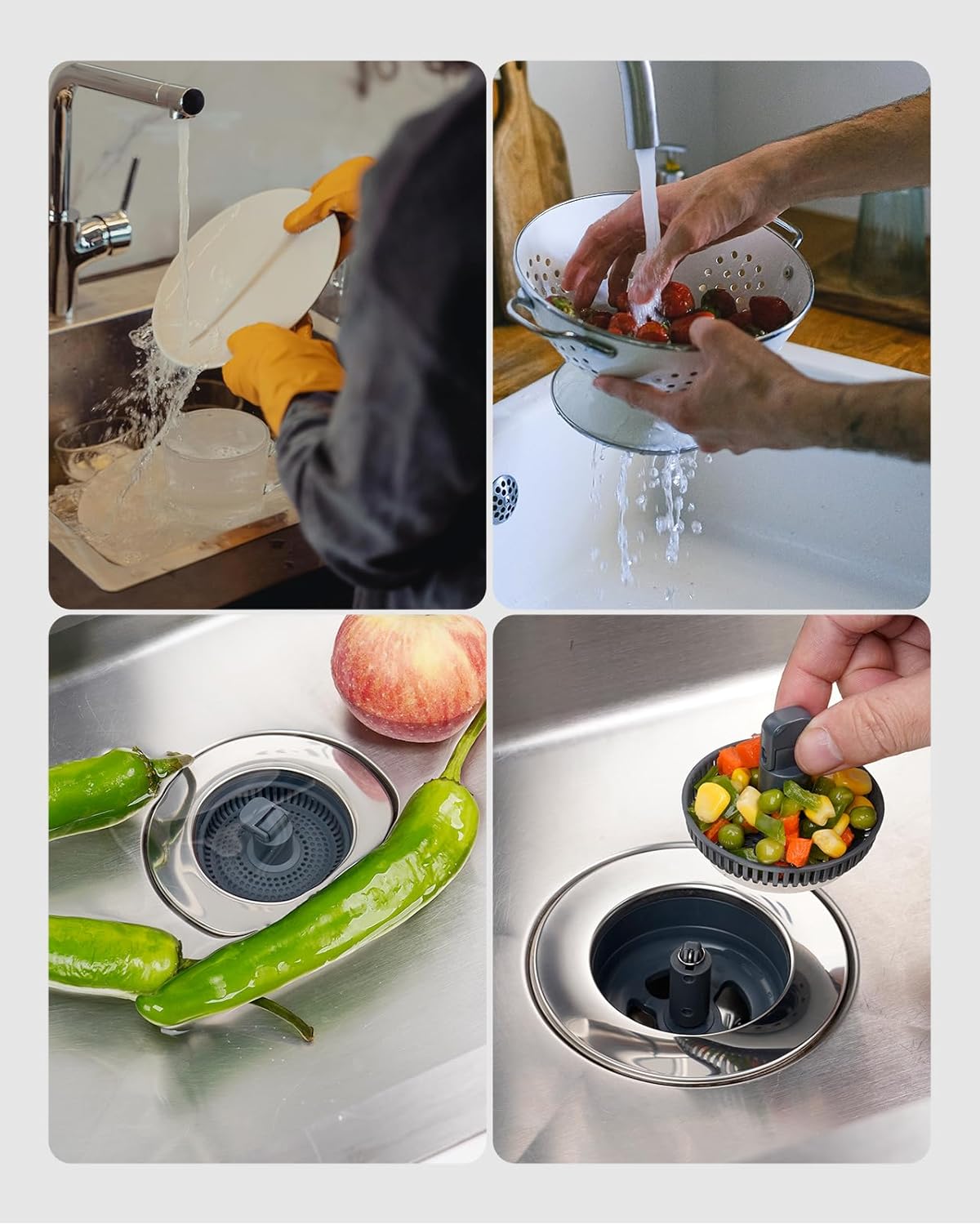 3 in 1 Kitchen Sink Drain Strainer and Stopper Combo, Chrome Stainless Steel Wraped Shell, Anti-Clogging Basket Strainer with Foldable Handle for US Standard 3-1/2