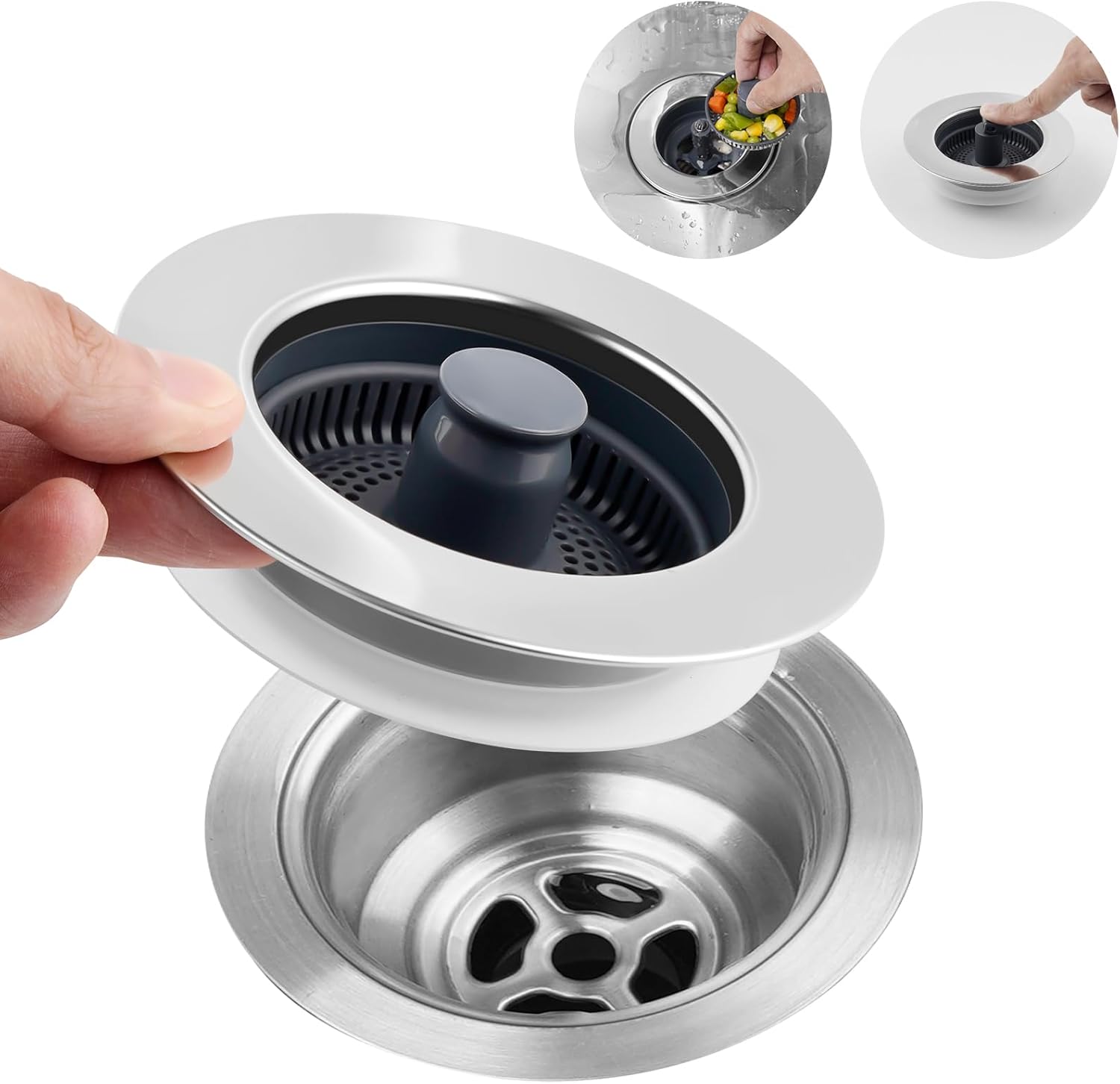 3 in 1 Kitchen Sink Drain Strainer, Stainless Steel Wrapped Shell Drain Stopper Combo, Pop Up Sink Stopper, Anti-Clogging Basket Strainer with Handle for US Standard 3-1/2