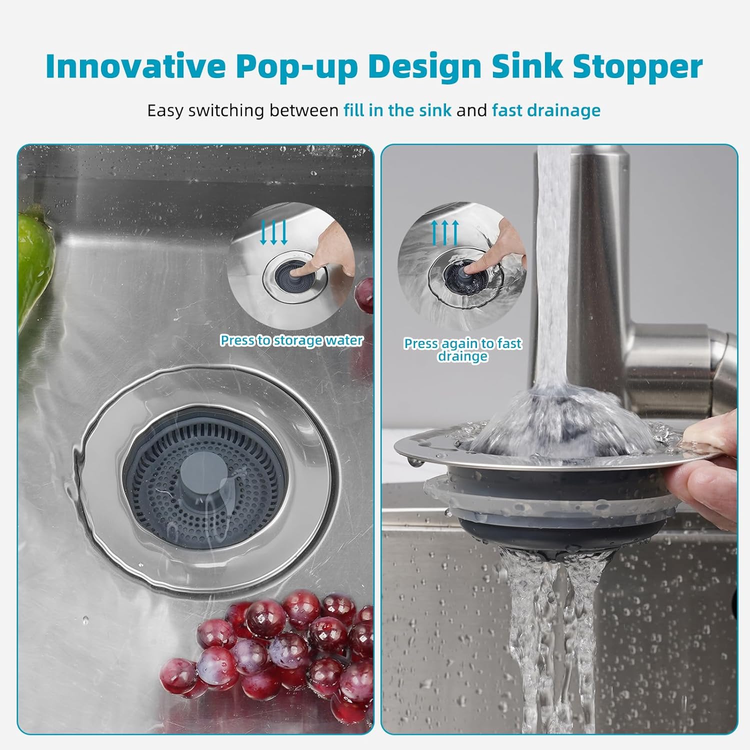 3 in 1 Kitchen Sink Drain Strainer, Stainless Steel Wrapped Shell Drain Stopper Combo, Pop Up Sink Stopper, Anti-Clogging Basket Strainer with Handle for US Standard 3-1/2